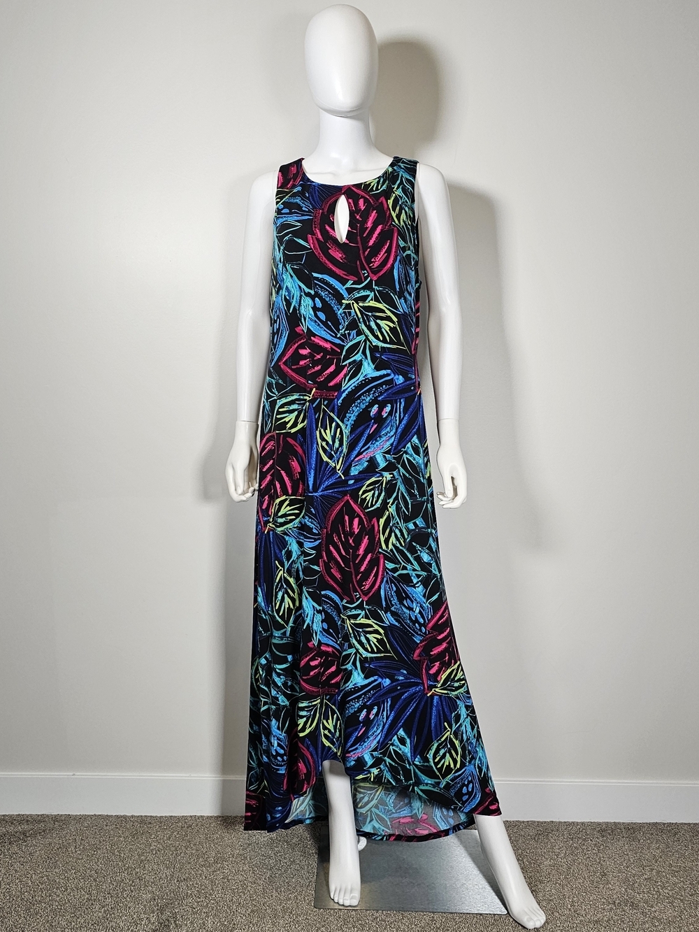 Laura Blue Red Green Foliage Print Vacation Holiday Summer Dress Sz ~ 14-16